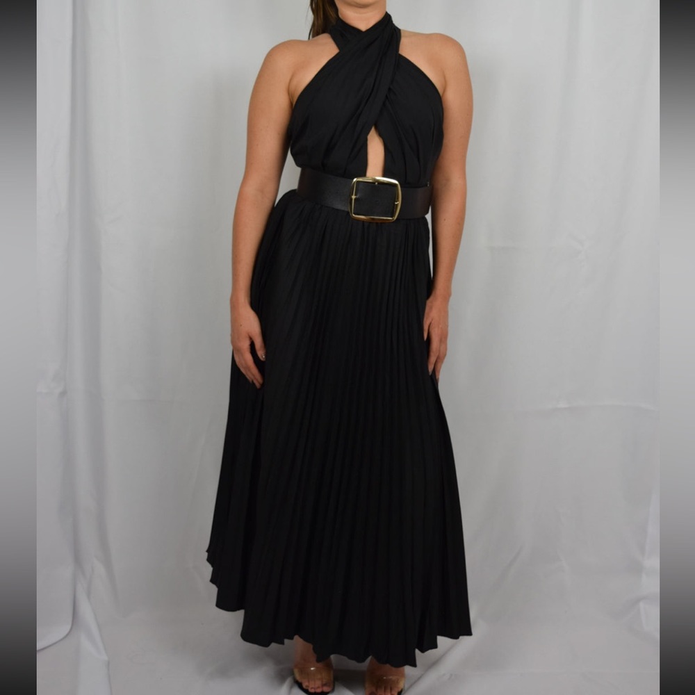 8. Black Halter Pleated Maxi Dress